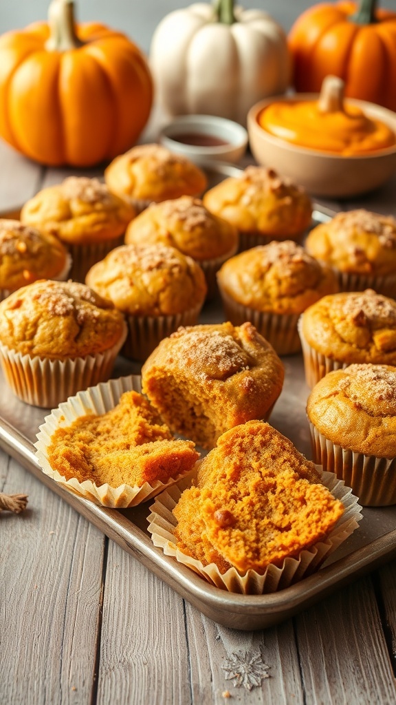 Freshly baked pumpkin spice muffins on a wooden tray, with a sprinkle of cinnamon sugar.
